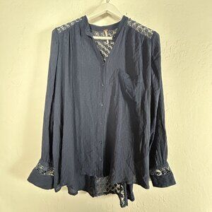 Free People Womens Navy Blue Lace-Back Button-Up Blouse Top Small Long Sleeve